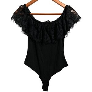 Iris Black Bodysuit Lacey Off the Shoulder Ruffle Ribbed Body Women's Size Large